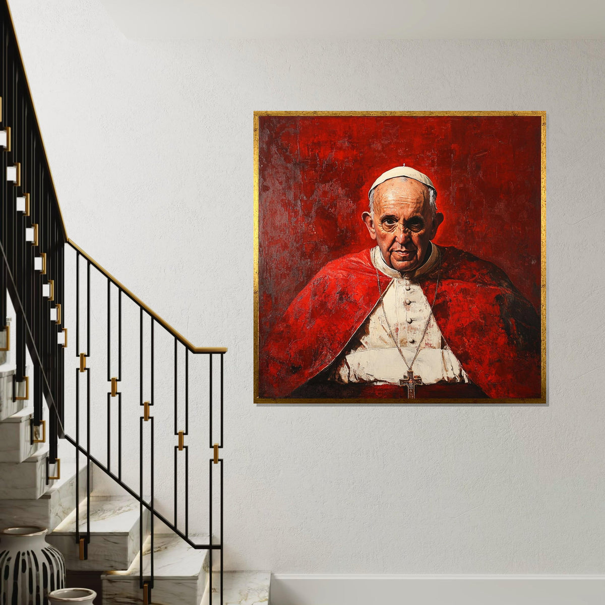 Pope Francis Portrait Canvas, Inspiring Papal Portrait on Premium Giclée Cotton Panel, 60×90 cm, Bold Red & White Art