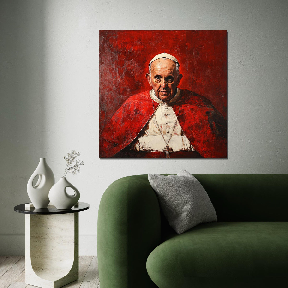 Pope Francis Portrait Canvas, Inspiring Papal Portrait on Premium Giclée Cotton Panel, 60×90 cm, Bold Red & White Art