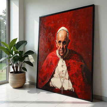 Pope Francis Portrait Canvas, Inspiring Papal Portrait on Premium Giclée Cotton Panel, 60×90 cm, Bold Red & White Art
