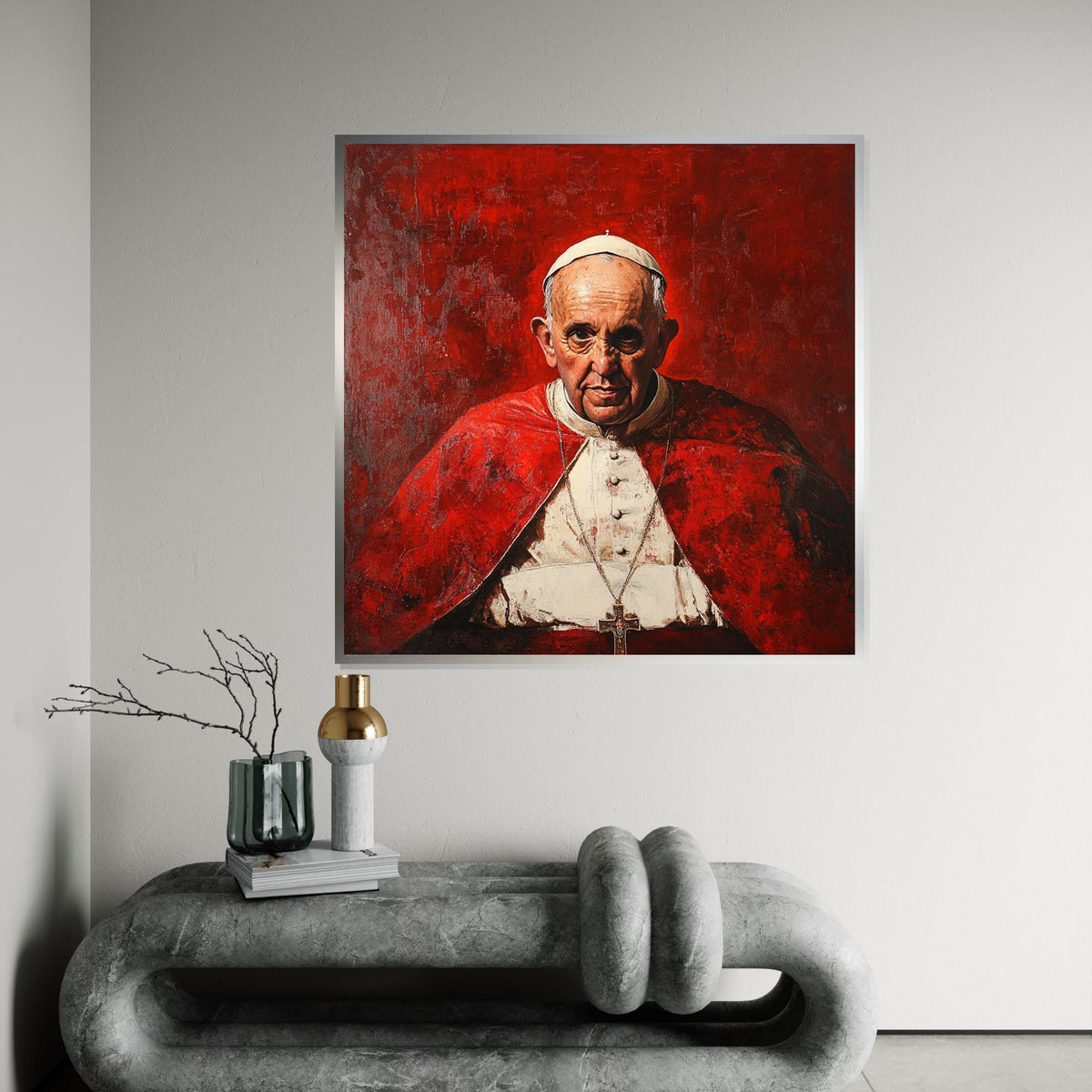 Pope Francis Portrait Canvas, Inspiring Papal Portrait on Premium Giclée Cotton Panel, 60×90 cm, Bold Red & White Art