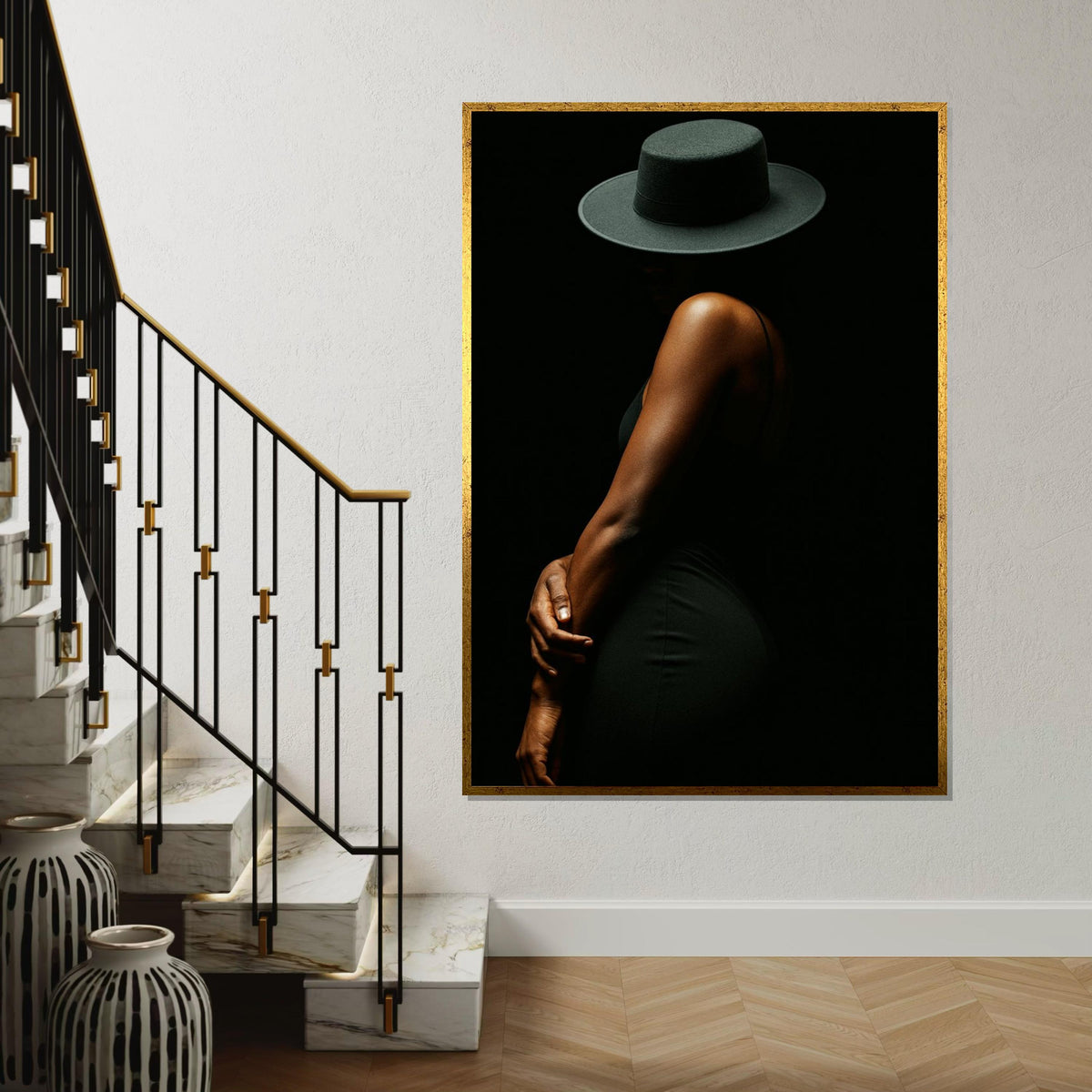 New Mysterious Woman Canvas, Elegant Figure Silhouette, Black Hat Art, Wall Art Canvas Design, Ready To Hang Decoration