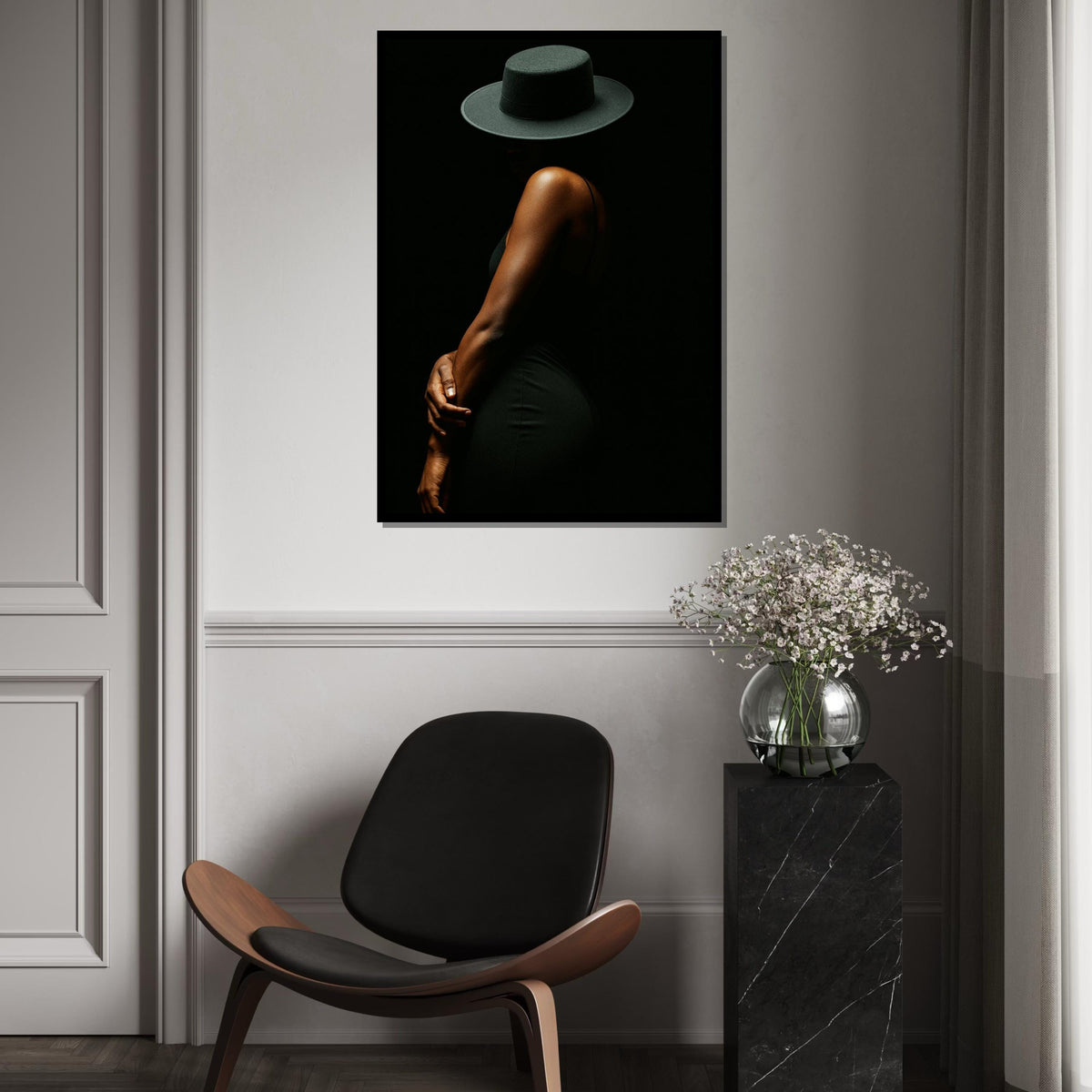 New Mysterious Woman Canvas, Elegant Figure Silhouette, Black Hat Art, Wall Art Canvas Design, Ready To Hang Decoration
