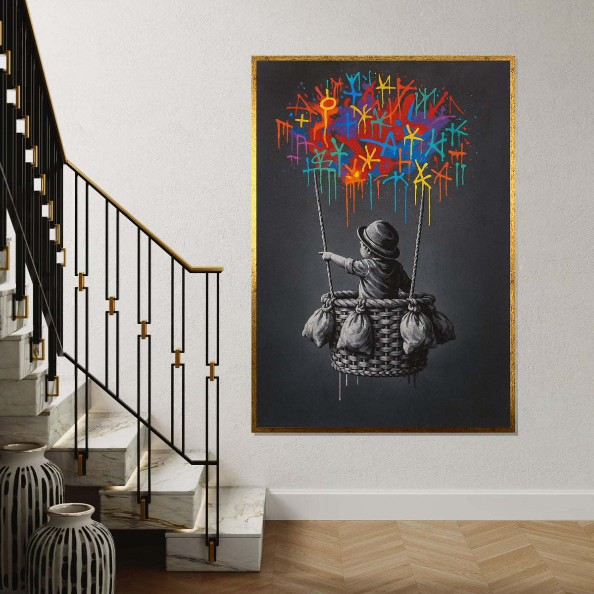 New Banksy Balloon Canvas, Child Balloon Art, Graffiti Wall Art, Colorful Sky Print, Wall Art Canvas Design, Ready To Hang Decoration