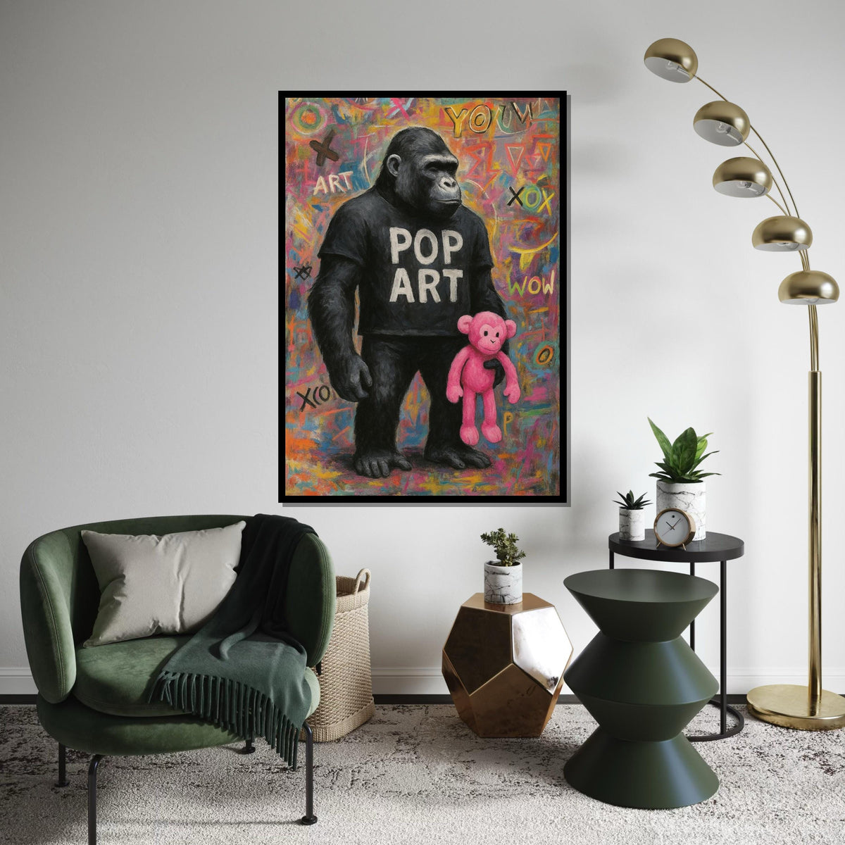 Pop Art Gorilla Canvas, Graffiti Wall Art, Colorful Ape Poster, Gorilla with Pink Toy, Wall Art Canvas Design, Ready To Hang Decoration
