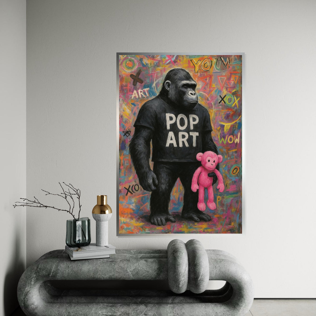 Pop Art Gorilla Canvas, Graffiti Wall Art, Colorful Ape Poster, Gorilla with Pink Toy, Wall Art Canvas Design, Ready To Hang Decoration