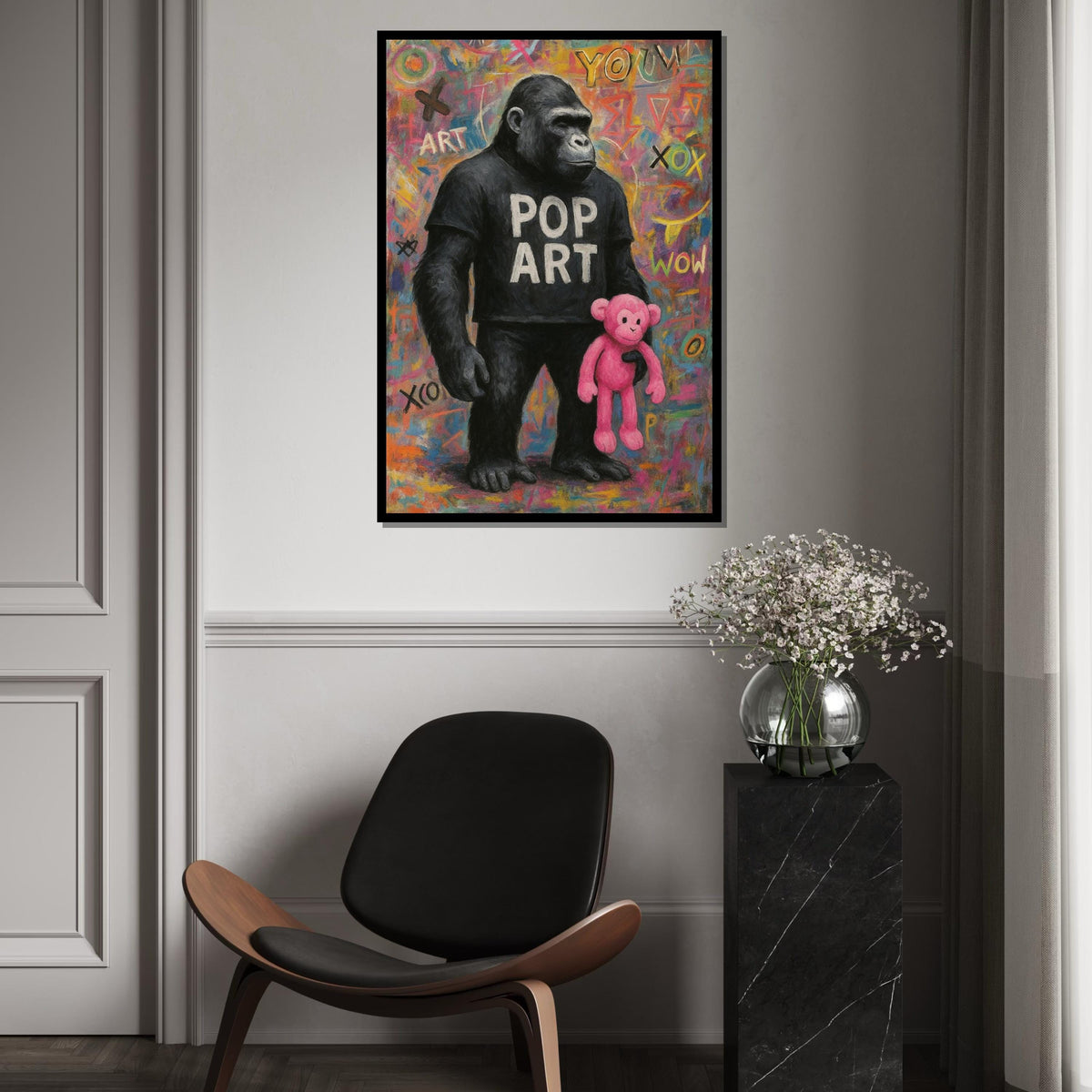 Pop Art Gorilla Canvas, Graffiti Wall Art, Colorful Ape Poster, Gorilla with Pink Toy, Wall Art Canvas Design, Ready To Hang Decoration