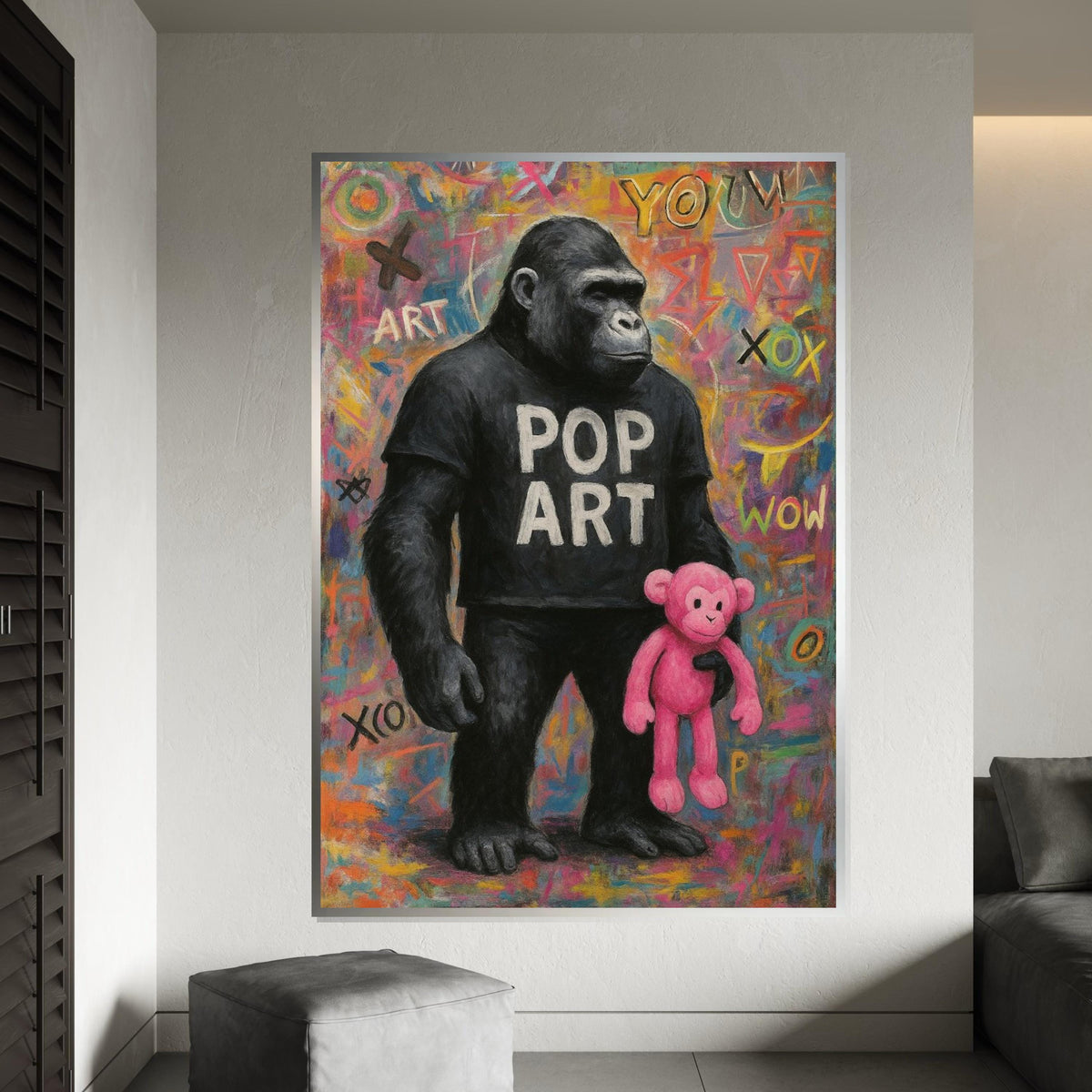 Pop Art Gorilla Canvas, Graffiti Wall Art, Colorful Ape Poster, Gorilla with Pink Toy, Wall Art Canvas Design, Ready To Hang Decoration