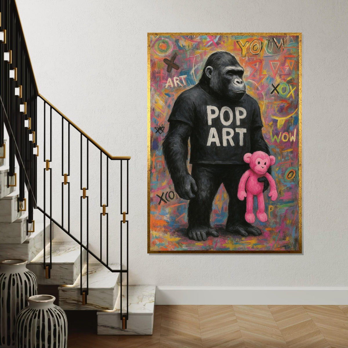 Pop Art Gorilla Canvas, Graffiti Wall Art, Colorful Ape Poster, Gorilla with Pink Toy, Wall Art Canvas Design, Ready To Hang Decoration