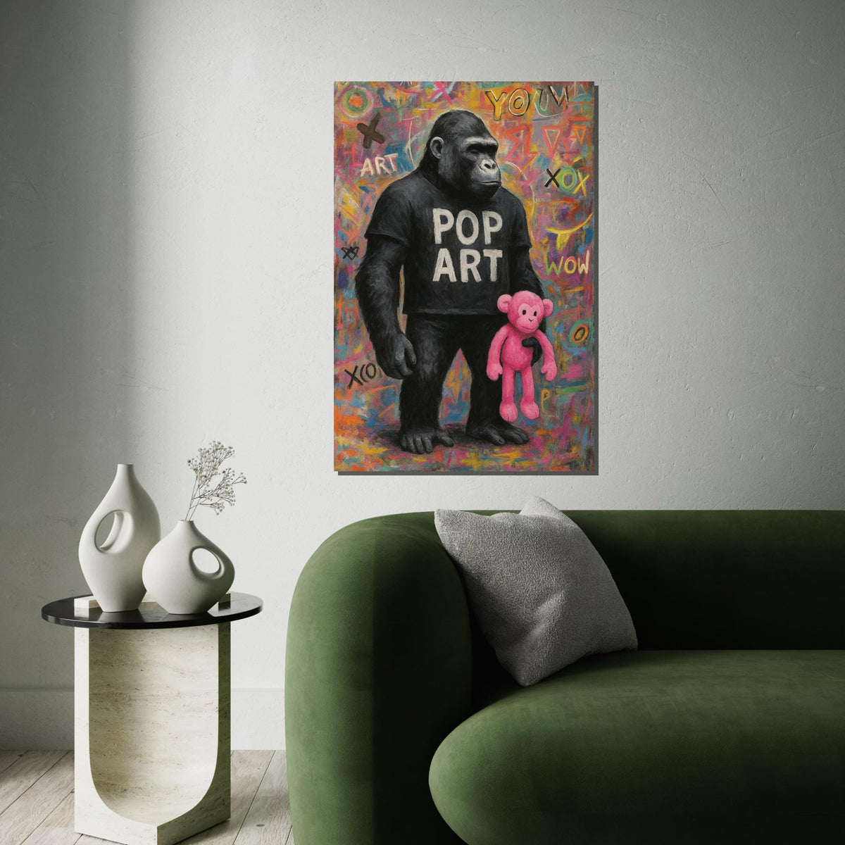 Pop Art Gorilla Canvas, Graffiti Wall Art, Colorful Ape Poster, Gorilla with Pink Toy, Wall Art Canvas Design, Ready To Hang Decoration