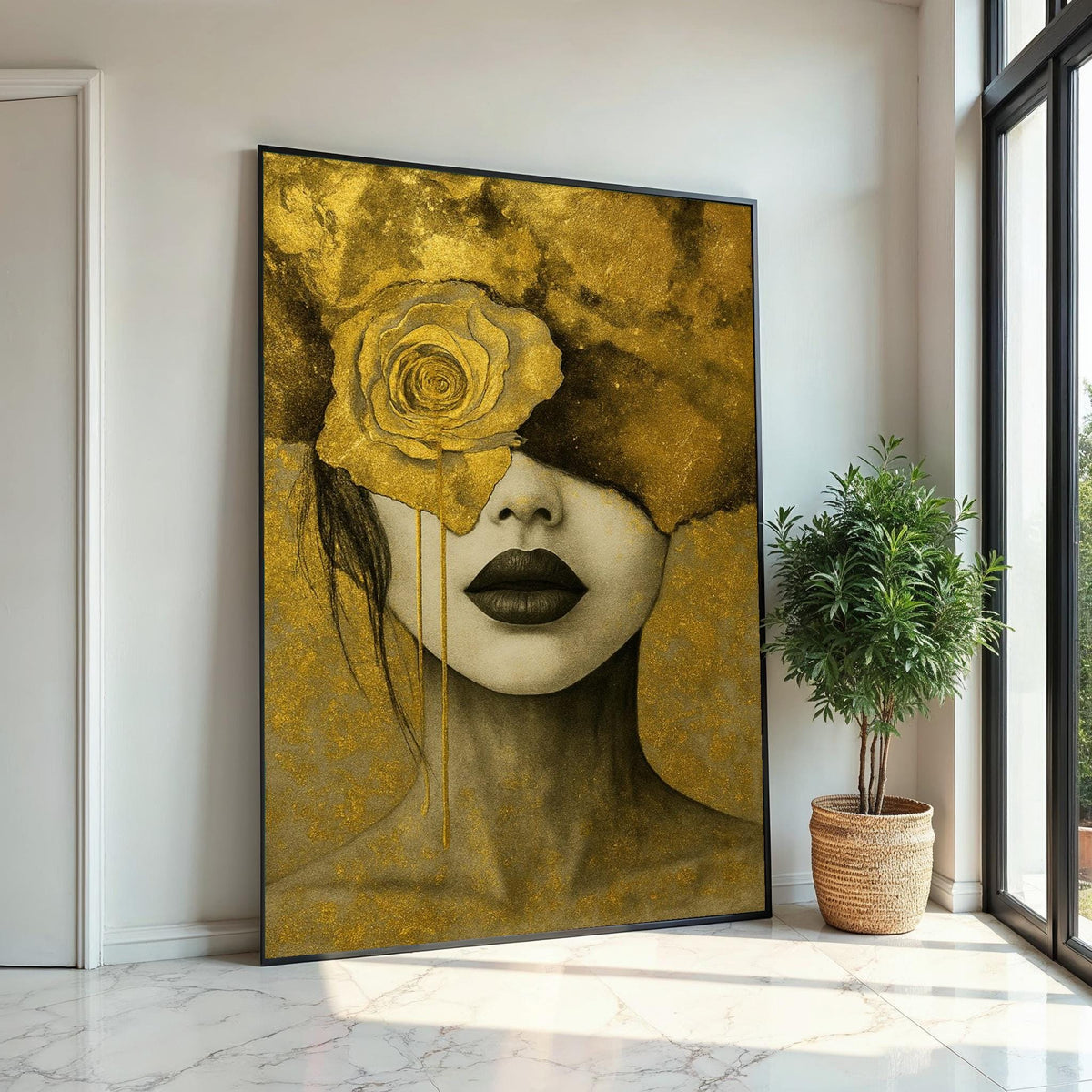 Golden Rose Portrait Canvas, Elegant Woman Art, Abstract Wall Art Design, Gold Leaf Canvas, Ready to Hang Home Décor, Modern Art Print