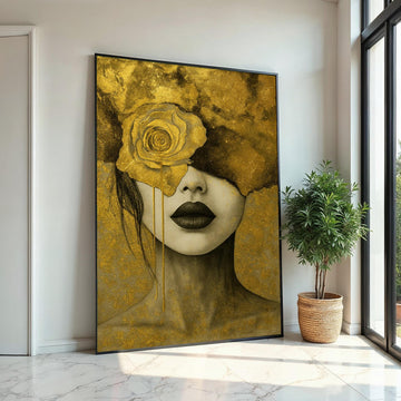 Golden Rose Portrait Canvas, Elegant Woman Art, Abstract Wall Art Design, Gold Leaf Canvas, Ready to Hang Home Décor, Modern Art Print