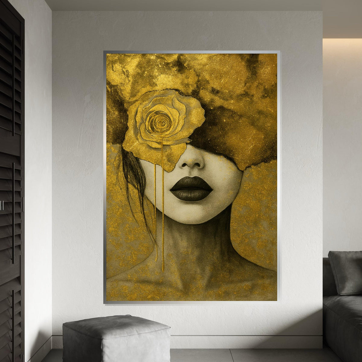 Golden Rose Portrait Canvas, Elegant Woman Art, Abstract Wall Art Design, Gold Leaf Canvas, Ready to Hang Home Décor, Modern Art Print