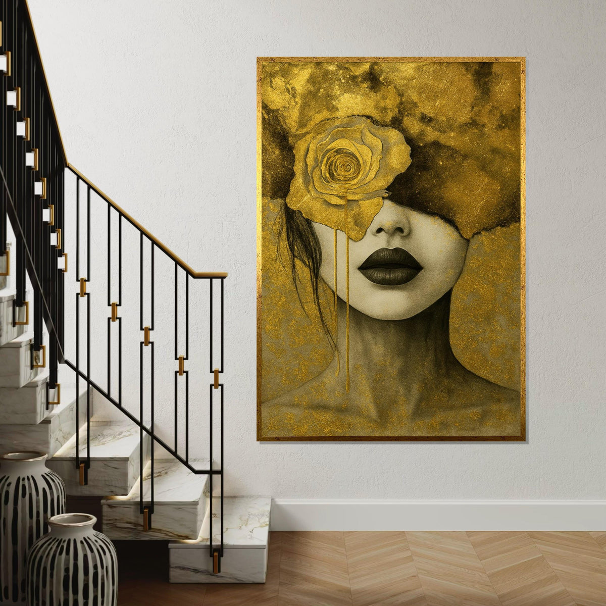 Golden Rose Portrait Canvas, Elegant Woman Art, Abstract Wall Art Design, Gold Leaf Canvas, Ready to Hang Home Décor, Modern Art Print