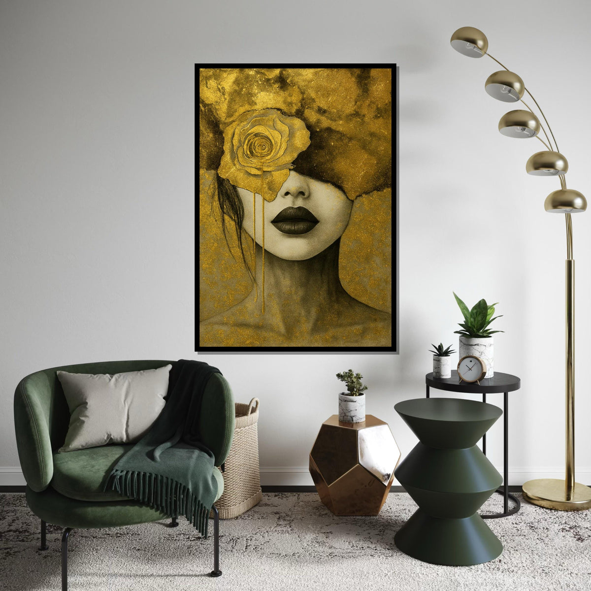 Golden Rose Portrait Canvas, Elegant Woman Art, Abstract Wall Art Design, Gold Leaf Canvas, Ready to Hang Home Décor, Modern Art Print