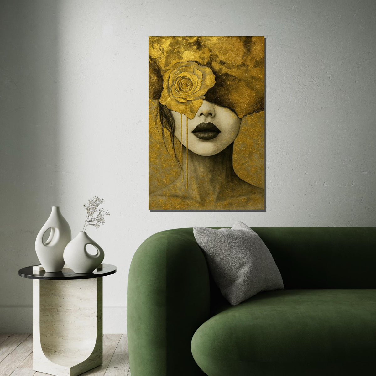 Golden Rose Portrait Canvas, Elegant Woman Art, Abstract Wall Art Design, Gold Leaf Canvas, Ready to Hang Home Décor, Modern Art Print