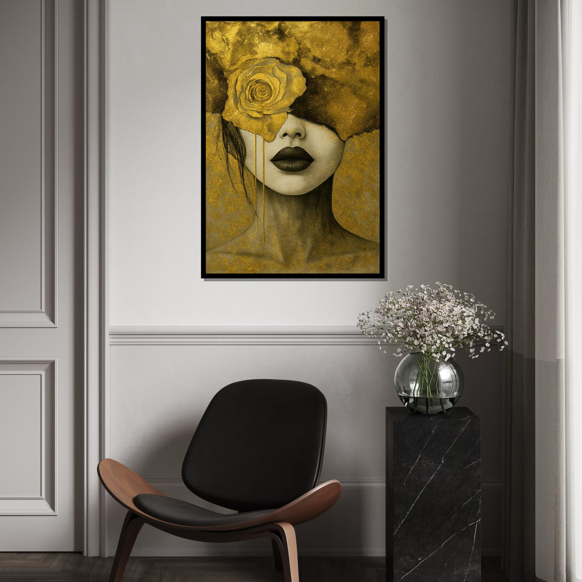 Golden Rose Portrait Canvas, Elegant Woman Art, Abstract Wall Art Design, Gold Leaf Canvas, Ready to Hang Home Décor, Modern Art Print