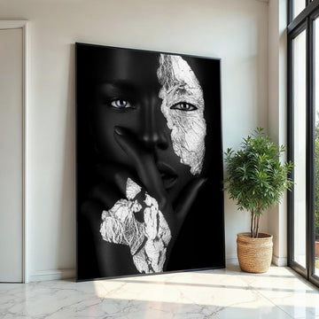 Print Art, Afro Woman, Black and White Canvas Art, Artistic Face Design, Wall Art Canvas, Framed Canvas Ready To Hang, Contemporary Decor