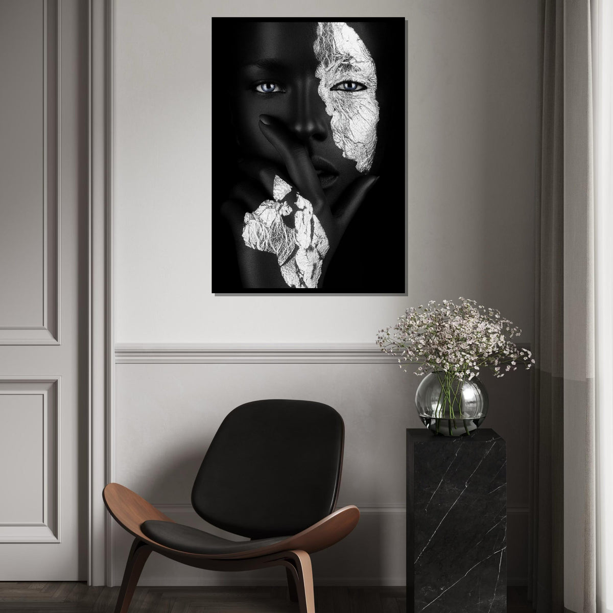 Print Art, Afro Woman, Black and White Canvas Art, Artistic Face Design, Wall Art Canvas, Framed Canvas Ready To Hang, Contemporary Decor