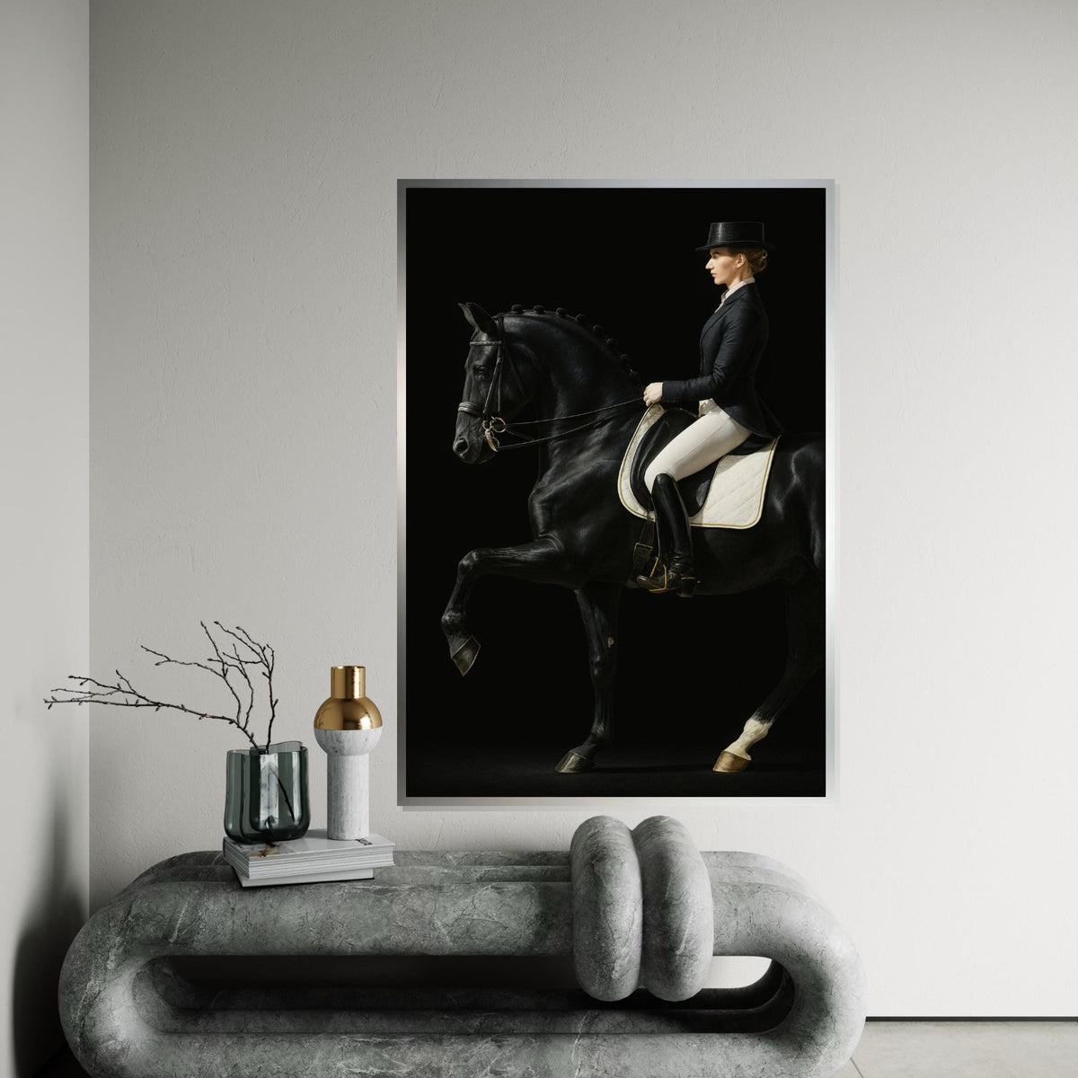 Print Art, Elegant Equestrian Canvas, Noble Horse Rider Art, Black Horse Wall Print, Equine Wall Art Canvas Design, Ready to Hang Decoration