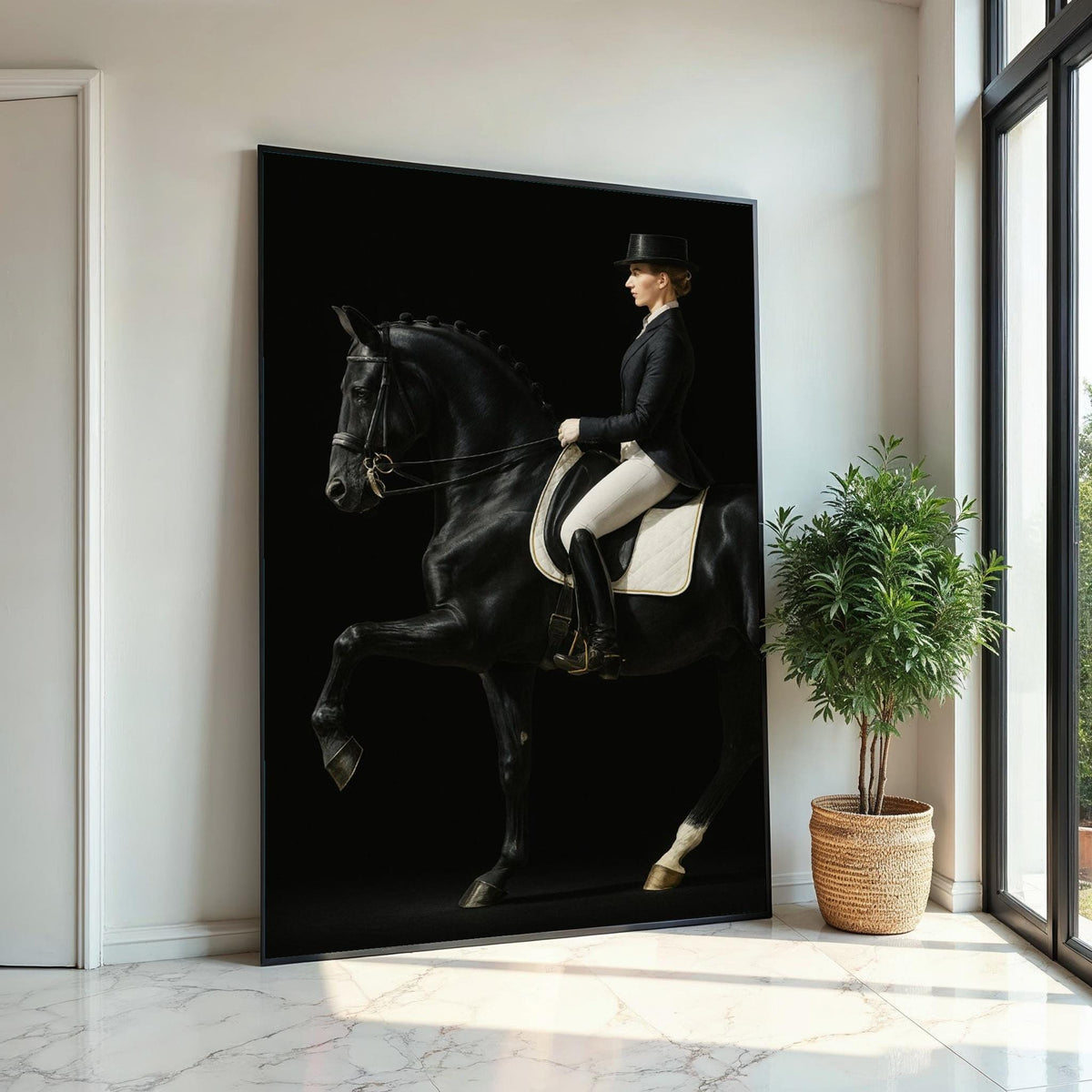 Print Art, Elegant Equestrian Canvas, Noble Horse Rider Art, Black Horse Wall Print, Equine Wall Art Canvas Design, Ready to Hang Decoration