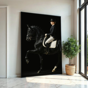 Print Art, Elegant Equestrian Canvas, Noble Horse Rider Art, Black Horse Wall Print, Equine Wall Art Canvas Design, Ready to Hang Decoration