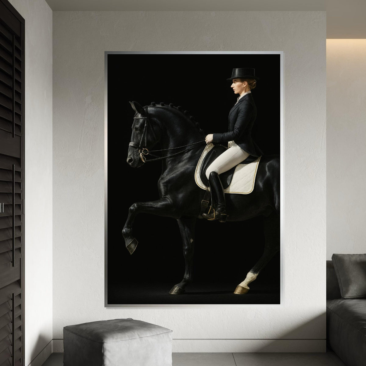 Print Art, Elegant Equestrian Canvas, Noble Horse Rider Art, Black Horse Wall Print, Equine Wall Art Canvas Design, Ready to Hang Decoration