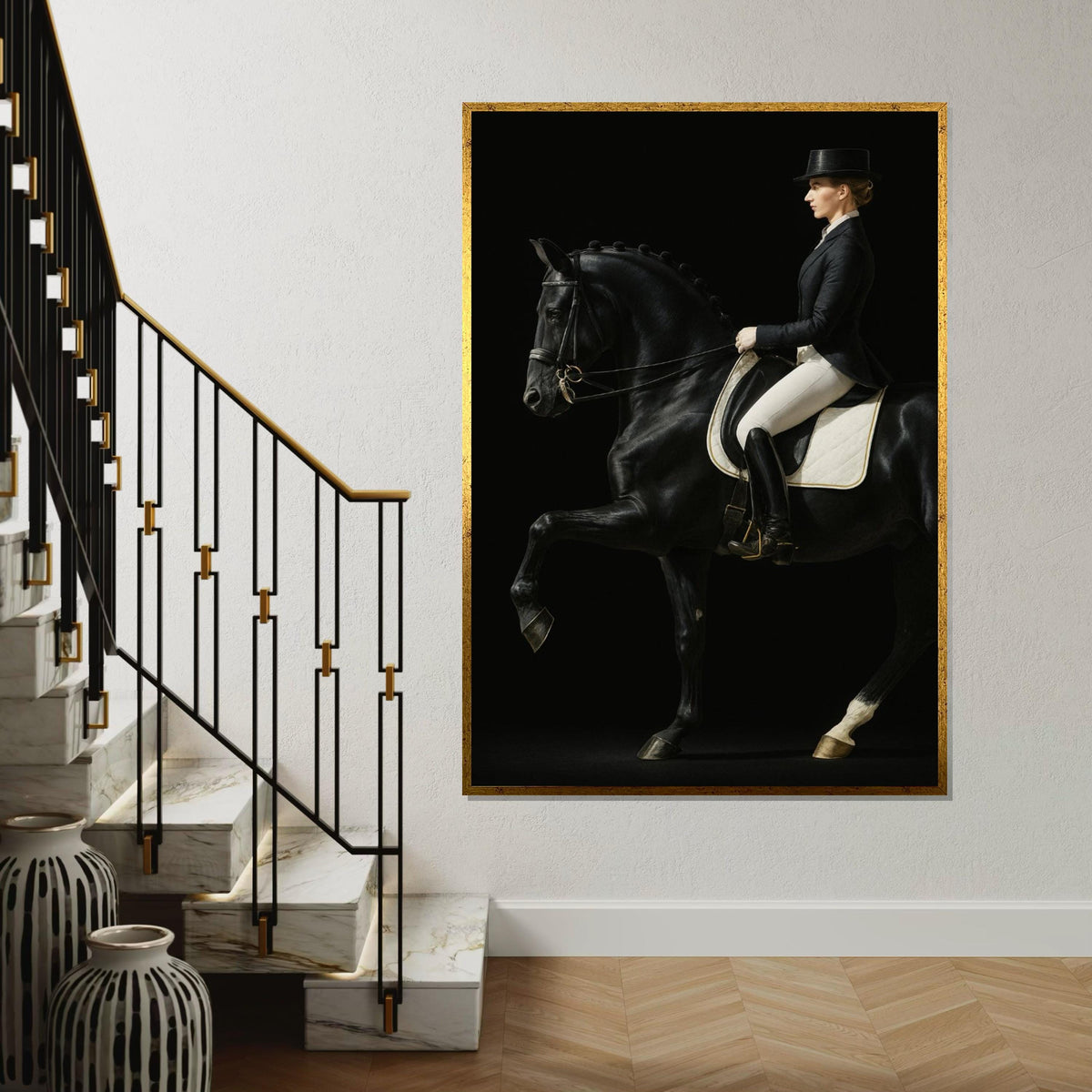 Print Art, Elegant Equestrian Canvas, Noble Horse Rider Art, Black Horse Wall Print, Equine Wall Art Canvas Design, Ready to Hang Decoration