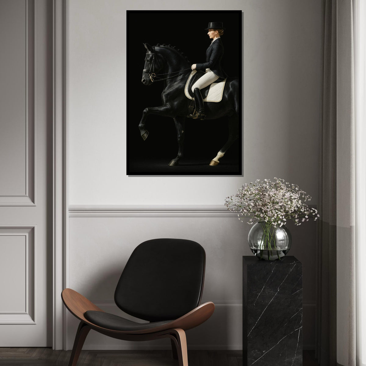 Print Art, Elegant Equestrian Canvas, Noble Horse Rider Art, Black Horse Wall Print, Equine Wall Art Canvas Design, Ready to Hang Decoration