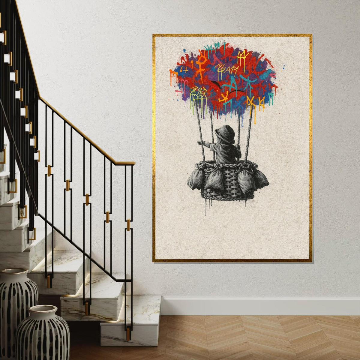 New Banksy Balloon Graffiti Canvas, Banksy Style Art, Multicolor Balloon Print, Wall Art Canvas Design, Ready To Hang Decoration