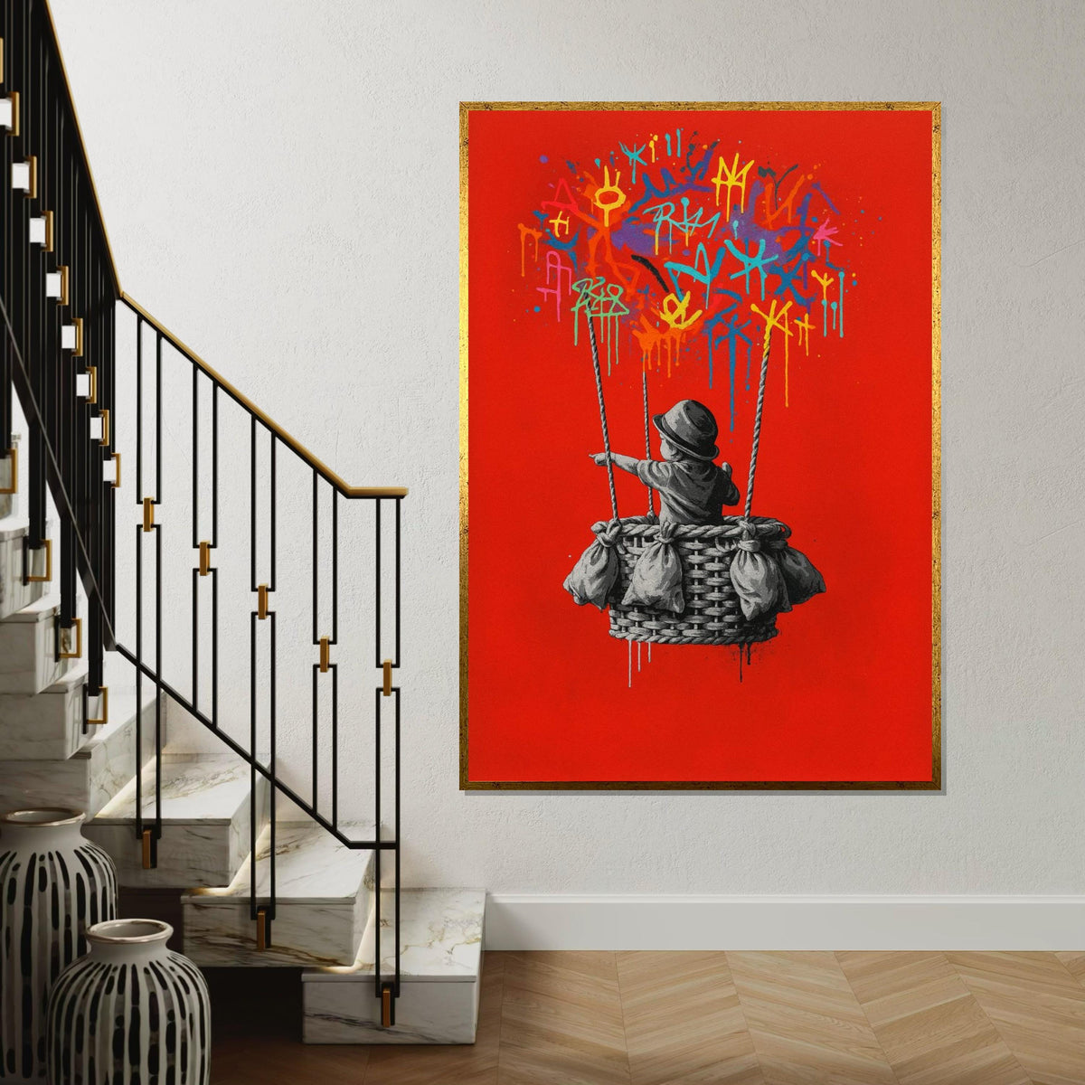Graffiti Balloon Canvas, Banksy Wall Art, Multicolor Drip Art, Banksy Style, Urban Graffiti Art, Wall Art Canvas, Ready to Hang