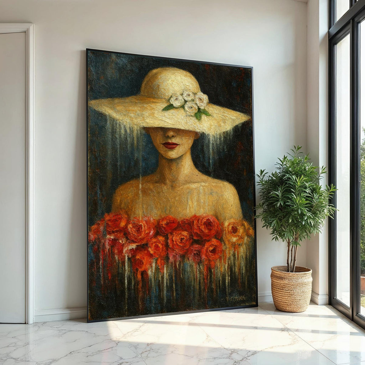 Lady in Floral Hat Canvas, Elegant Woman Art, Roses Canvas Wall Print, Wall Art Canvas Design, Ready to Hang Decoration