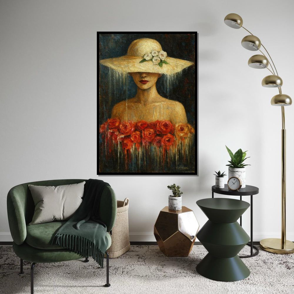 Lady in Floral Hat Canvas, Elegant Woman Art, Roses Canvas Wall Print, Wall Art Canvas Design, Ready to Hang Decoration