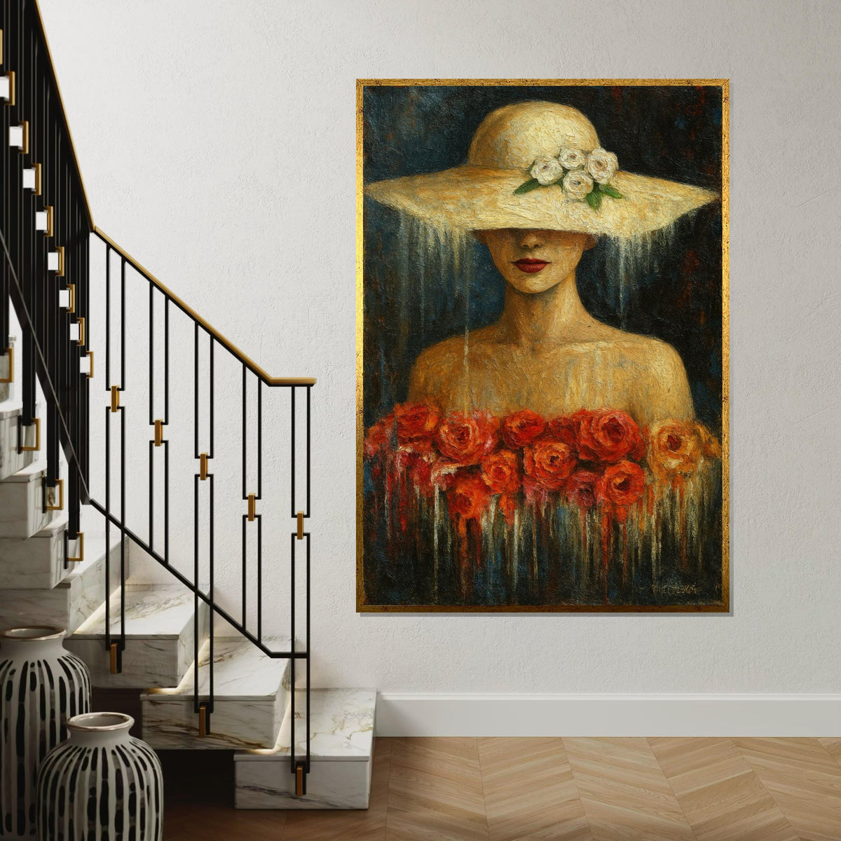 Lady in Floral Hat Canvas, Elegant Woman Art, Roses Canvas Wall Print, Wall Art Canvas Design, Ready to Hang Decoration