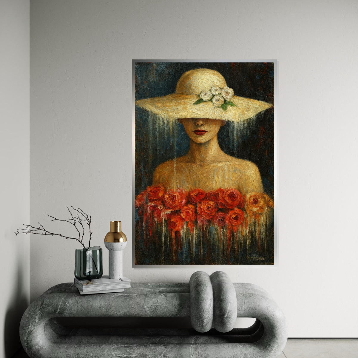 Lady in Floral Hat Canvas, Elegant Woman Art, Roses Canvas Wall Print, Wall Art Canvas Design, Ready to Hang Decoration
