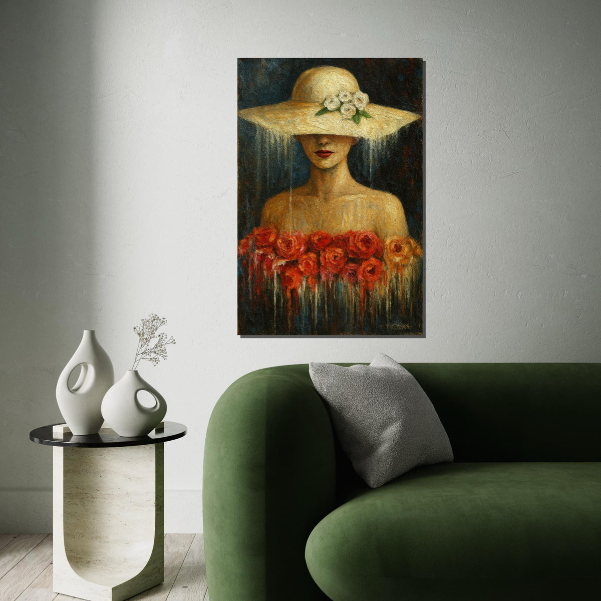 Lady in Floral Hat Canvas, Elegant Woman Art, Roses Canvas Wall Print, Wall Art Canvas Design, Ready to Hang Decoration