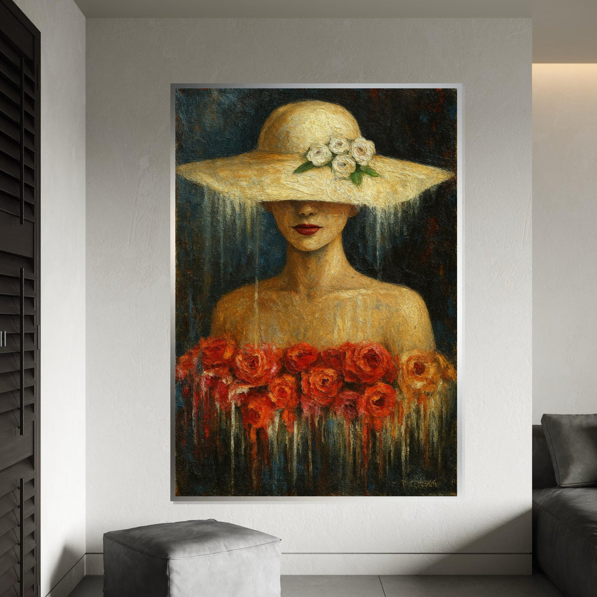 Lady in Floral Hat Canvas, Elegant Woman Art, Roses Canvas Wall Print, Wall Art Canvas Design, Ready to Hang Decoration