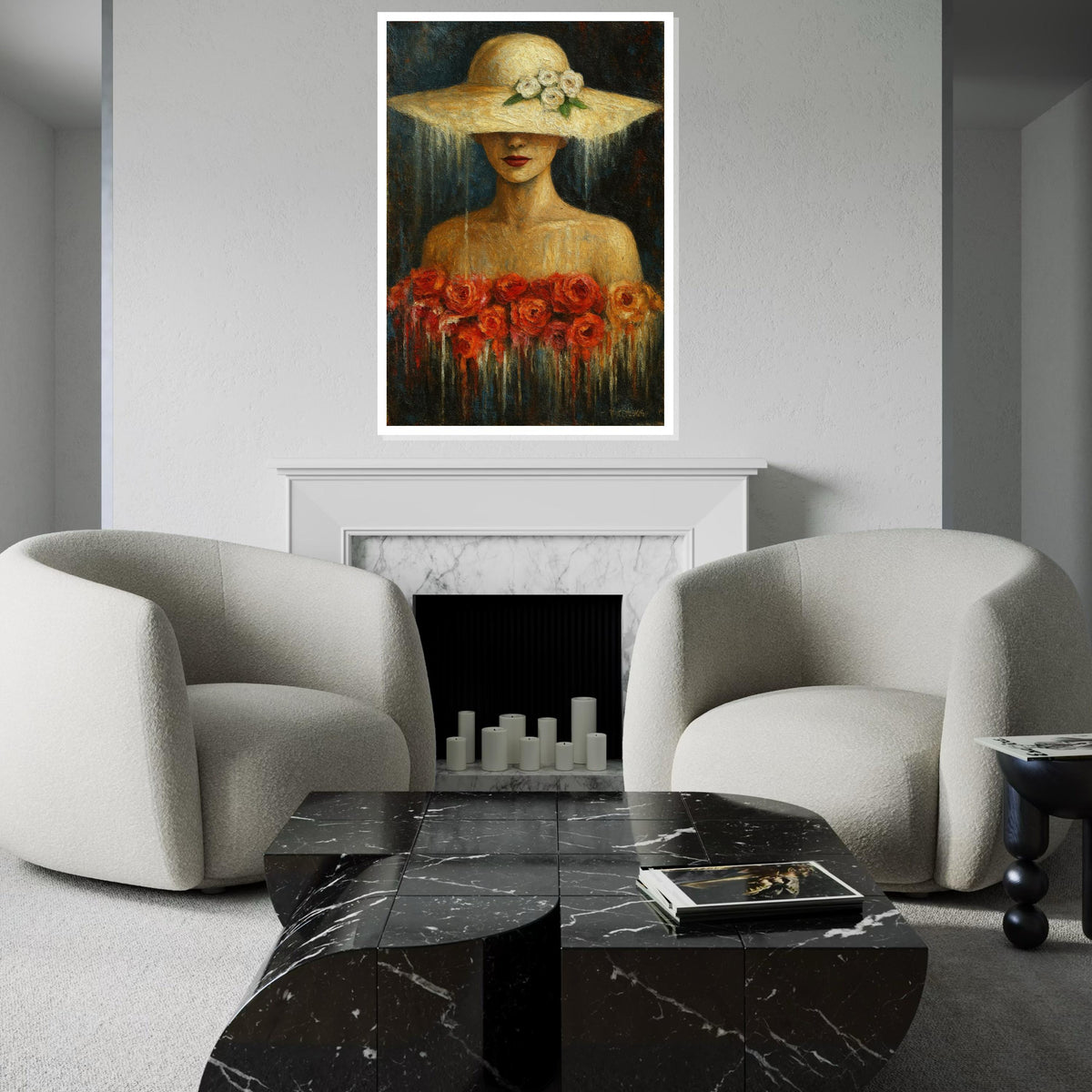 Lady in Floral Hat Canvas, Elegant Woman Art, Roses Canvas Wall Print, Wall Art Canvas Design, Ready to Hang Decoration