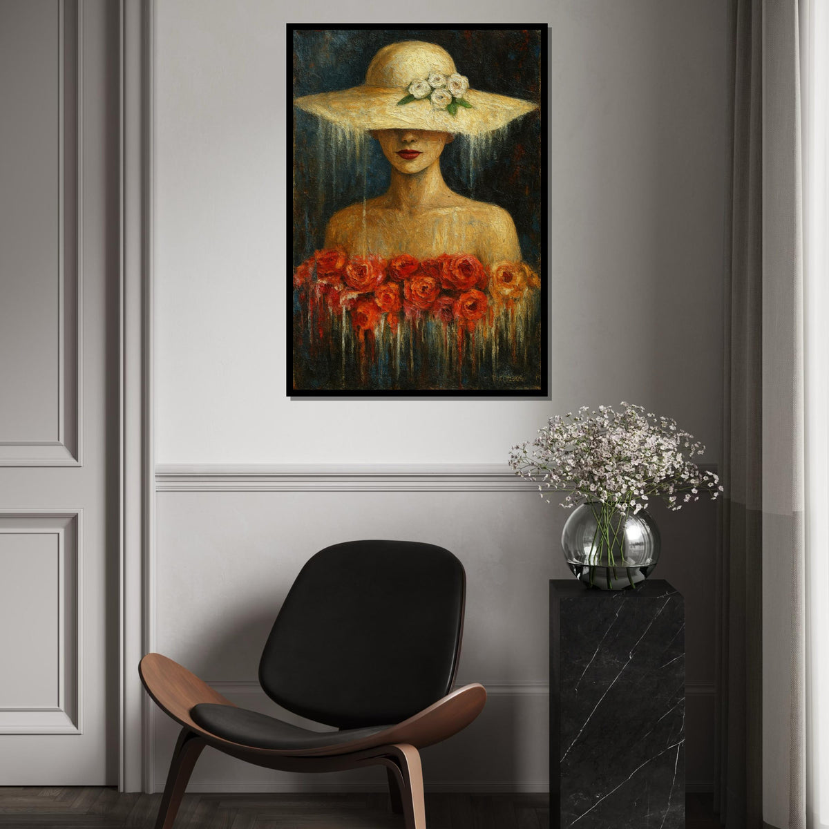 Lady in Floral Hat Canvas, Elegant Woman Art, Roses Canvas Wall Print, Wall Art Canvas Design, Ready to Hang Decoration