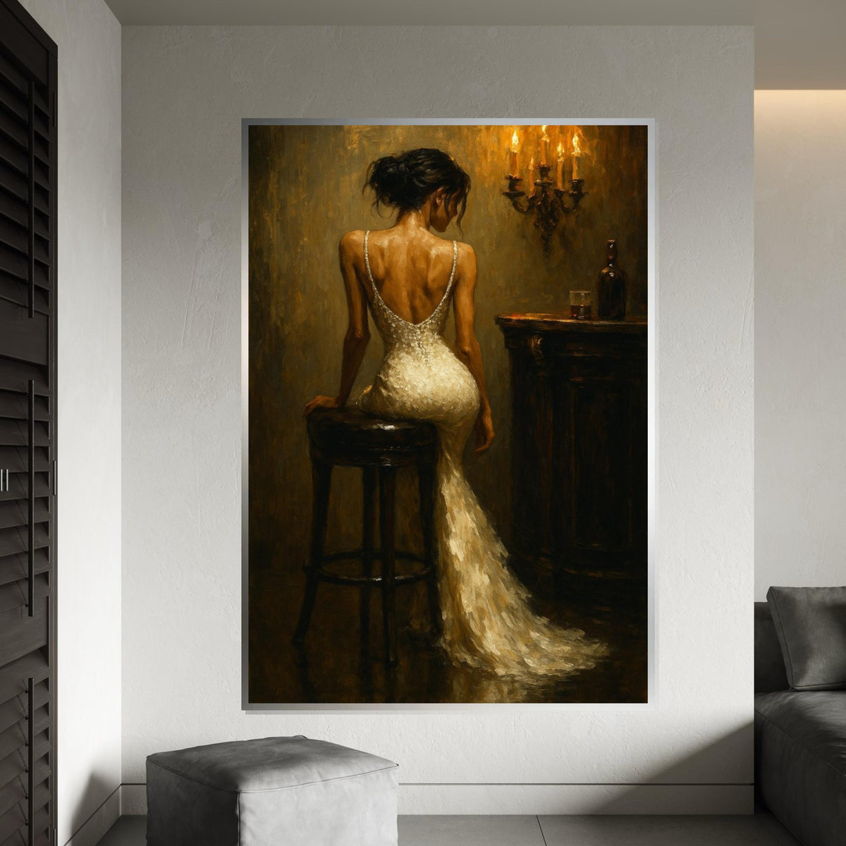 Elegant Lady in Evening Gown, Romantic Candlelit Bar Scene, Wall Art Canvas Design, Vintage Style Painting, Ready to Hang Home Decor
