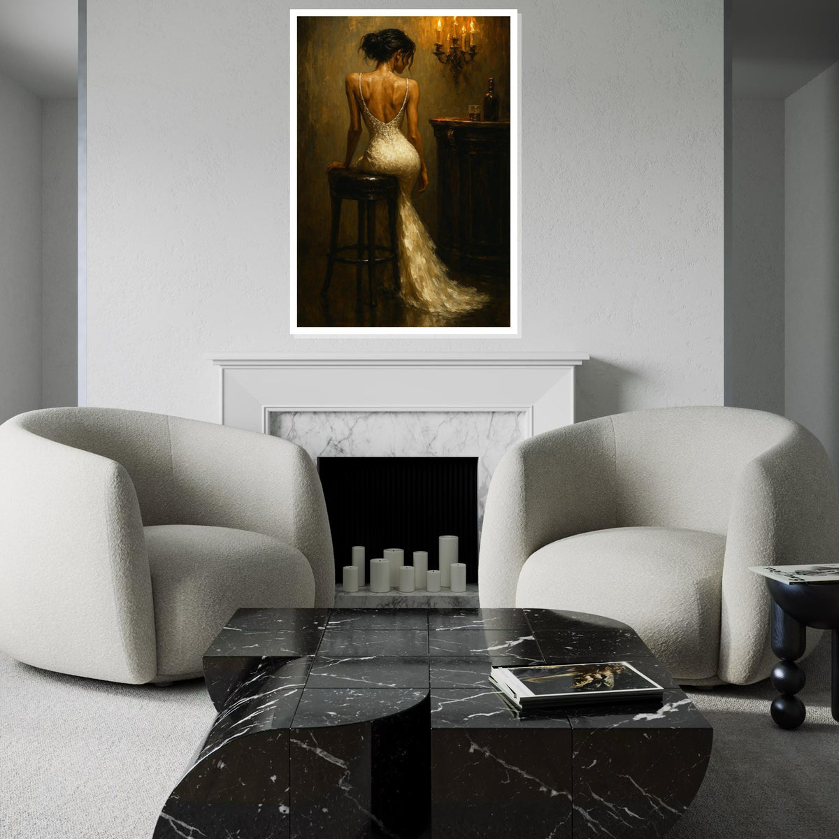 Elegant Lady in Evening Gown, Romantic Candlelit Bar Scene, Wall Art Canvas Design, Vintage Style Painting, Ready to Hang Home Decor