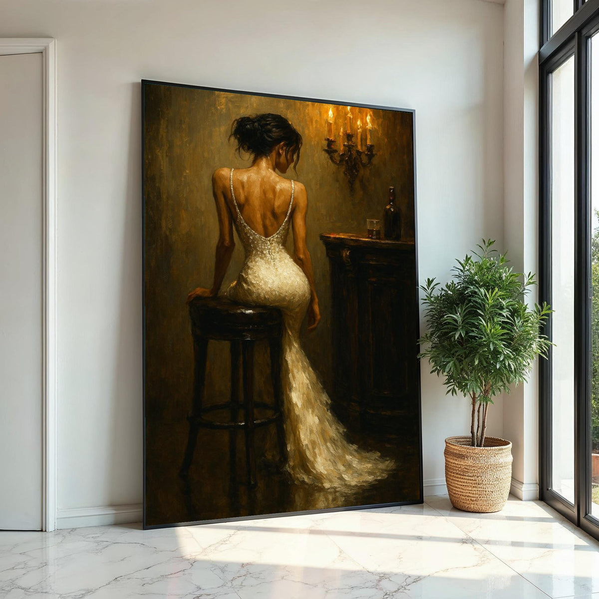 Elegant Lady in Evening Gown, Romantic Candlelit Bar Scene, Wall Art Canvas Design, Vintage Style Painting, Ready to Hang Home Decor