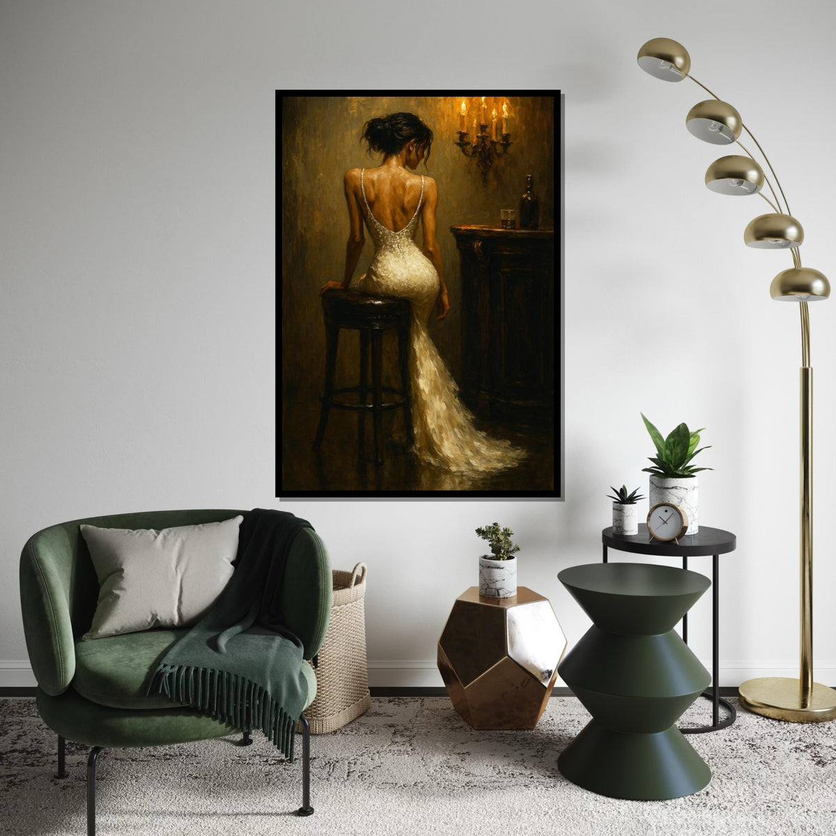Elegant Lady in Evening Gown, Romantic Candlelit Bar Scene, Wall Art Canvas Design, Vintage Style Painting, Ready to Hang Home Decor