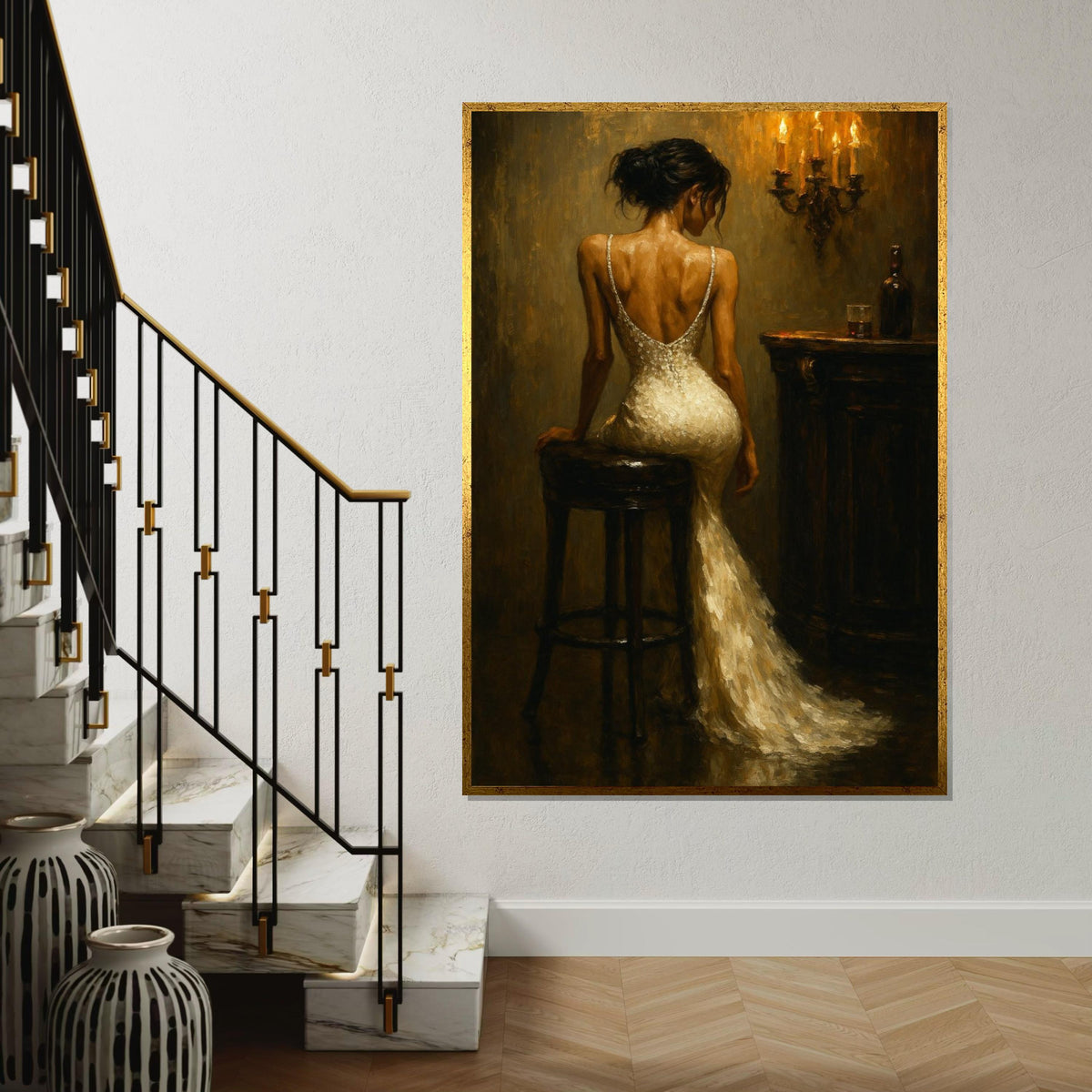 Elegant Lady in Evening Gown, Romantic Candlelit Bar Scene, Wall Art Canvas Design, Vintage Style Painting, Ready to Hang Home Decor