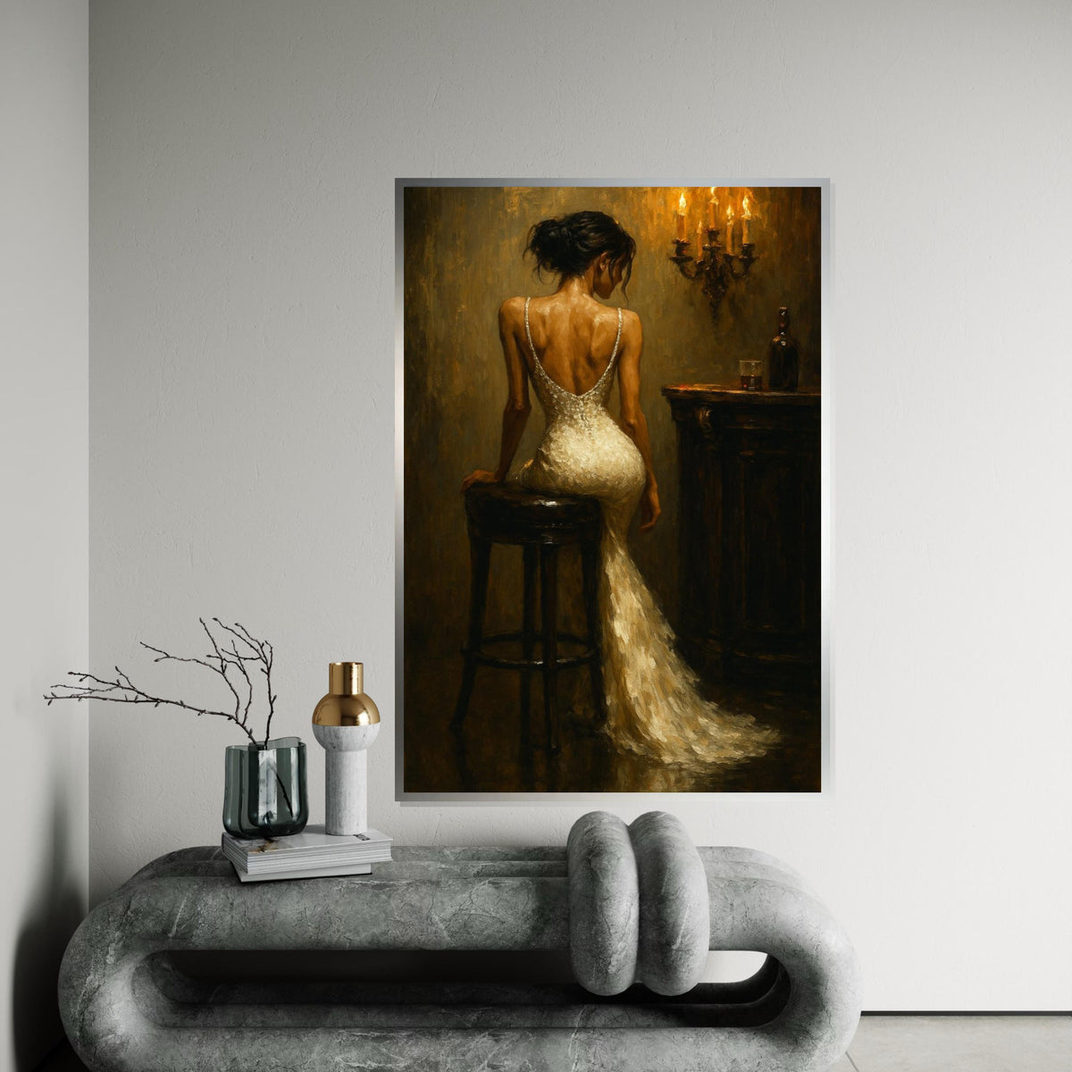 Elegant Lady in Evening Gown, Romantic Candlelit Bar Scene, Wall Art Canvas Design, Vintage Style Painting, Ready to Hang Home Decor