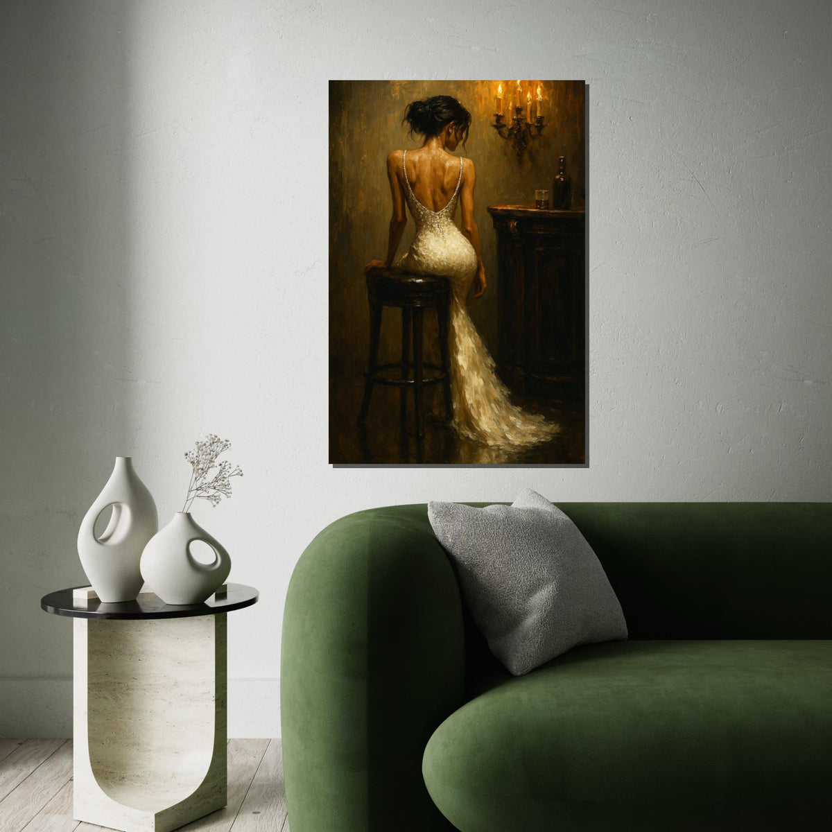 Elegant Lady in Evening Gown, Romantic Candlelit Bar Scene, Wall Art Canvas Design, Vintage Style Painting, Ready to Hang Home Decor