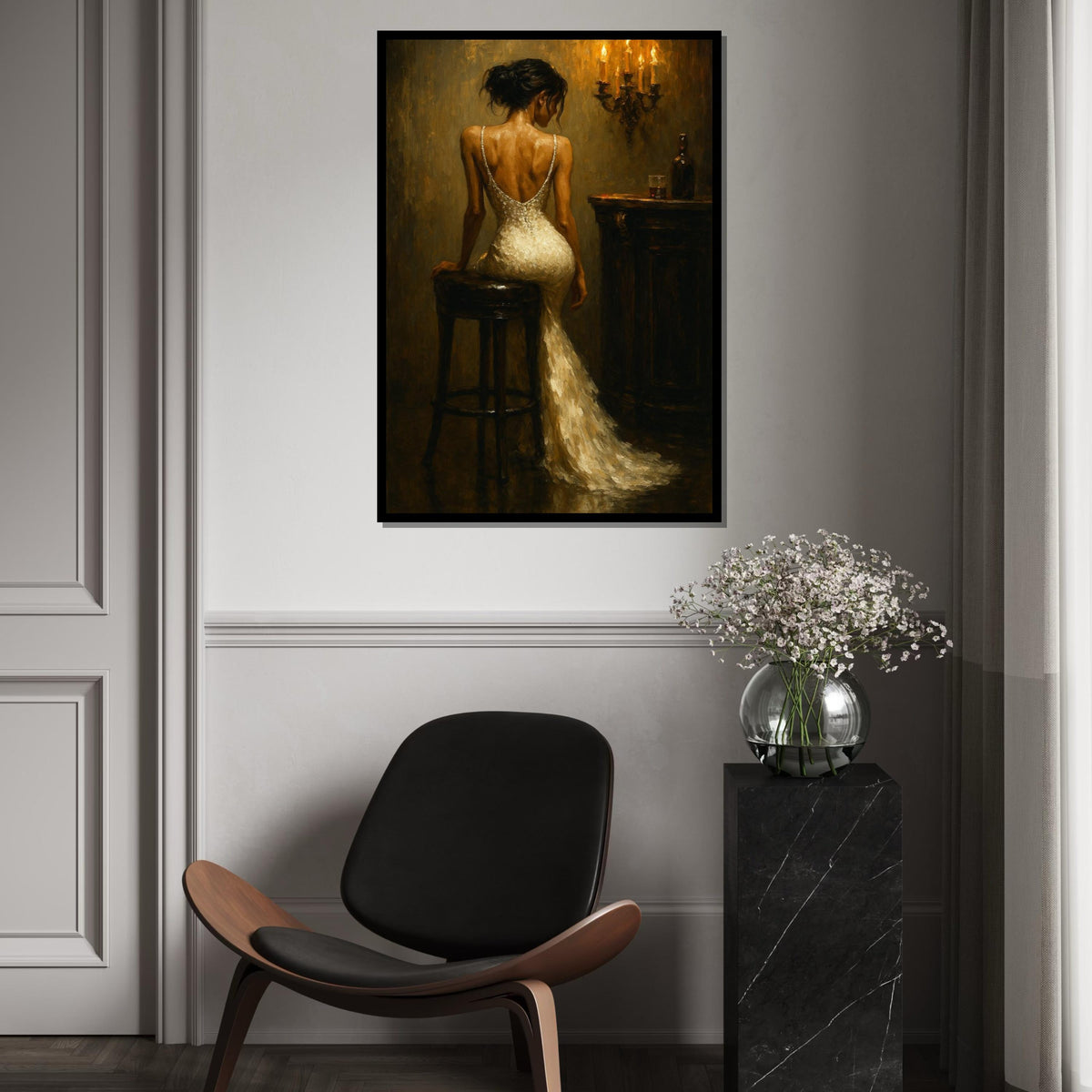 Elegant Lady in Evening Gown, Romantic Candlelit Bar Scene, Wall Art Canvas Design, Vintage Style Painting, Ready to Hang Home Decor