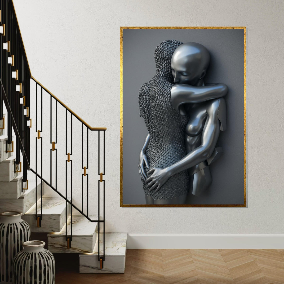 Abstract Embrace Canvas, Metallic Abstract Art, Human Form Art Print, Wall Art Canvas Design, Ready To Hang Decoration, Print Art