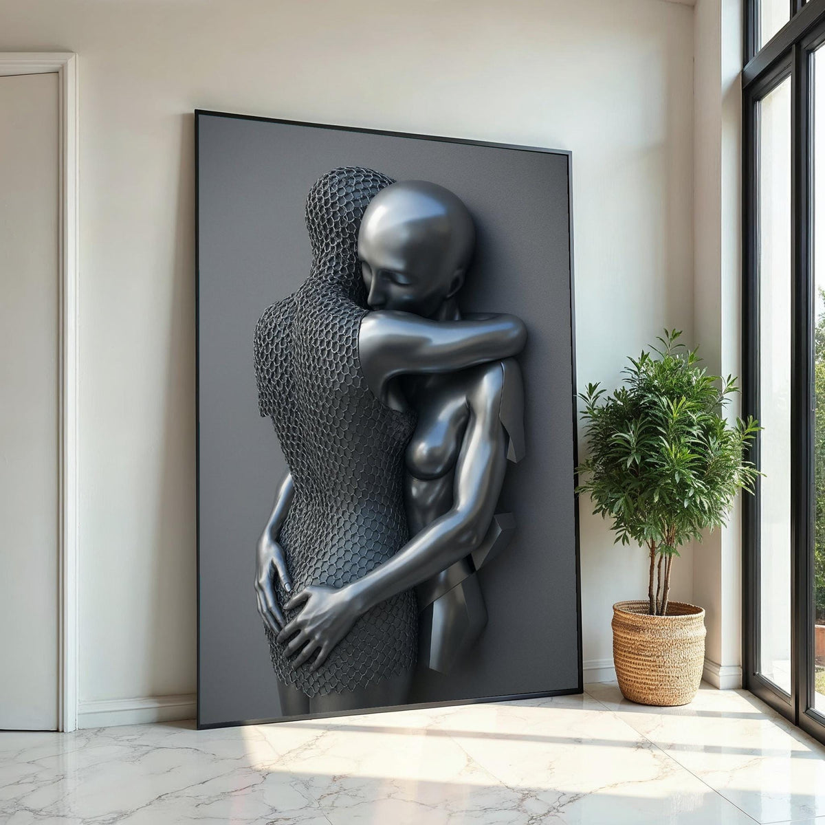 Abstract Embrace Canvas, Metallic Abstract Art, Human Form Art Print, Wall Art Canvas Design, Ready To Hang Decoration, Print Art