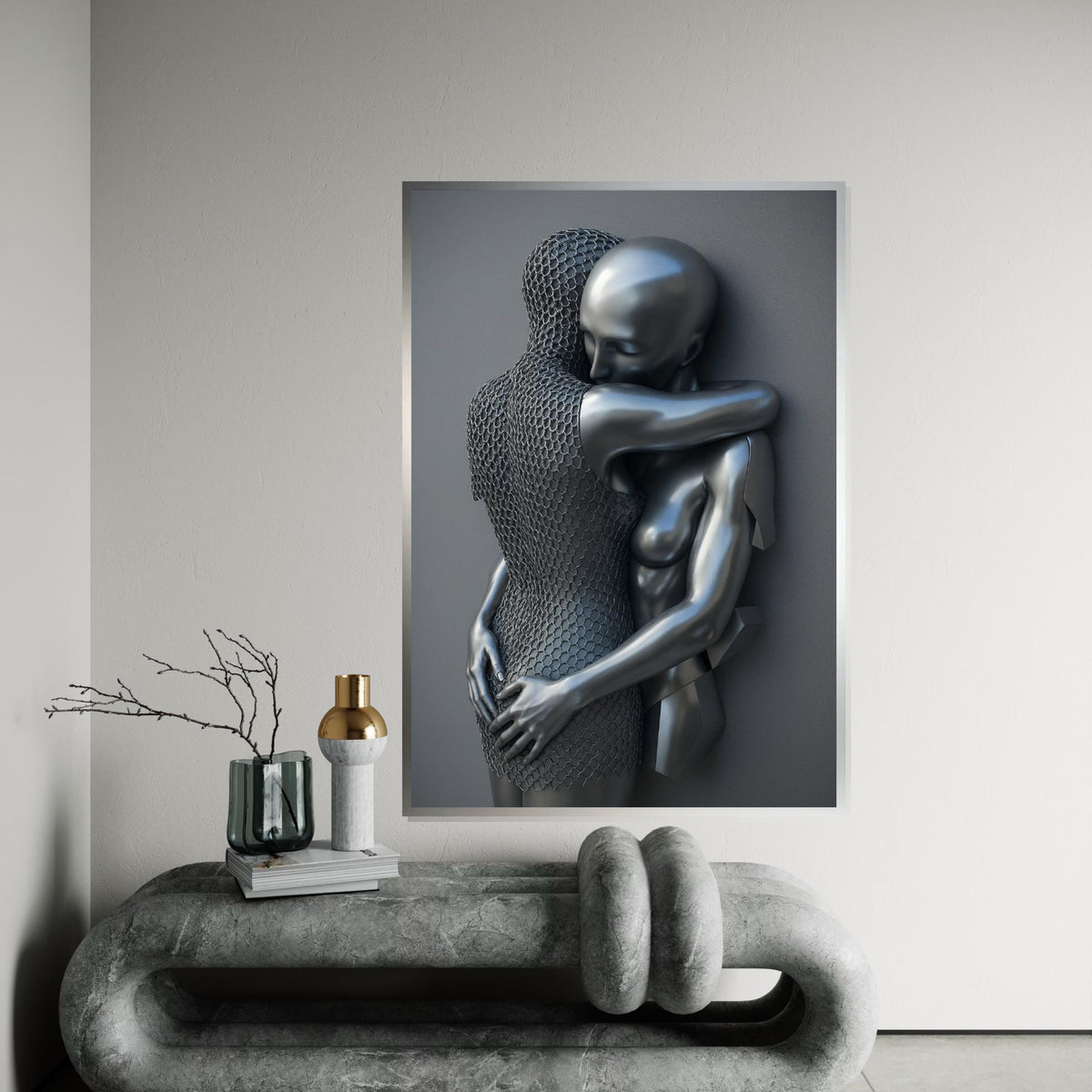 Abstract Embrace Canvas, Metallic Abstract Art, Human Form Art Print, Wall Art Canvas Design, Ready To Hang Decoration, Print Art