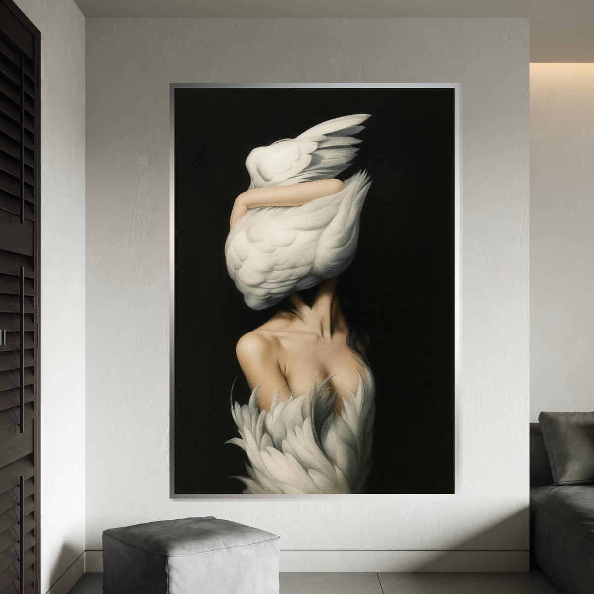 Elegant Swan Embrace Canvas, Swan Woman Wall Art, Surreal Art Print, Wall Art Canvas Design, Ready To Hang Decoration, Gift Art